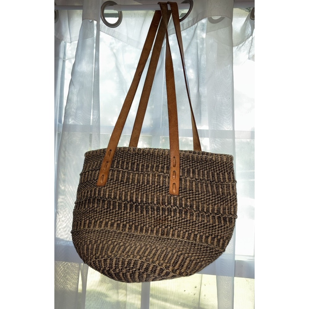 Vintage Woven Sisal Market Tote Bucket Bag Leather Straps Round Striped Boho